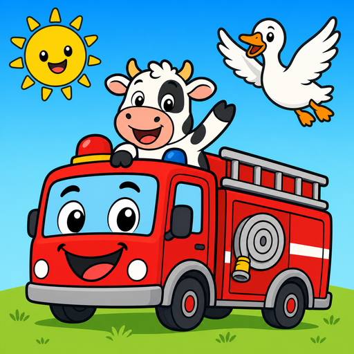 A smiling red fire truck with a waving cow aboard and a goose flying overhead